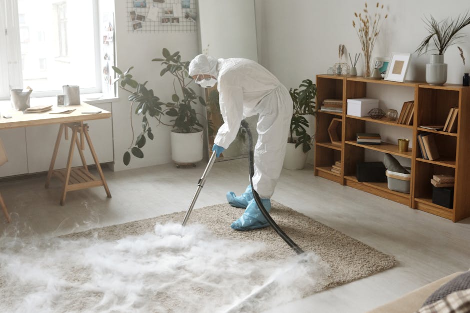 A person using a vacuum cleaner with a yellow motor unit and black hose attachment to perform surface cleaning on a patterned area rug in a domestic setting. The rug features floral and ornate motifs